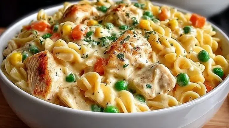 Delicious Chicken Pot Pie Pasta served in a bowl