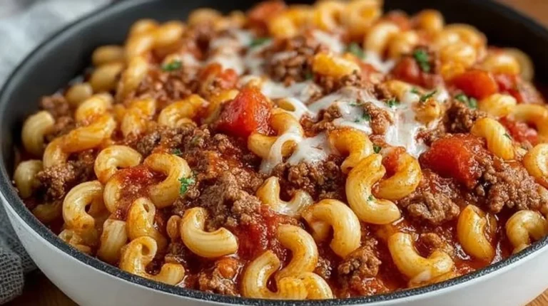 Bowl of classic goulash with beef, pasta, and vegetables