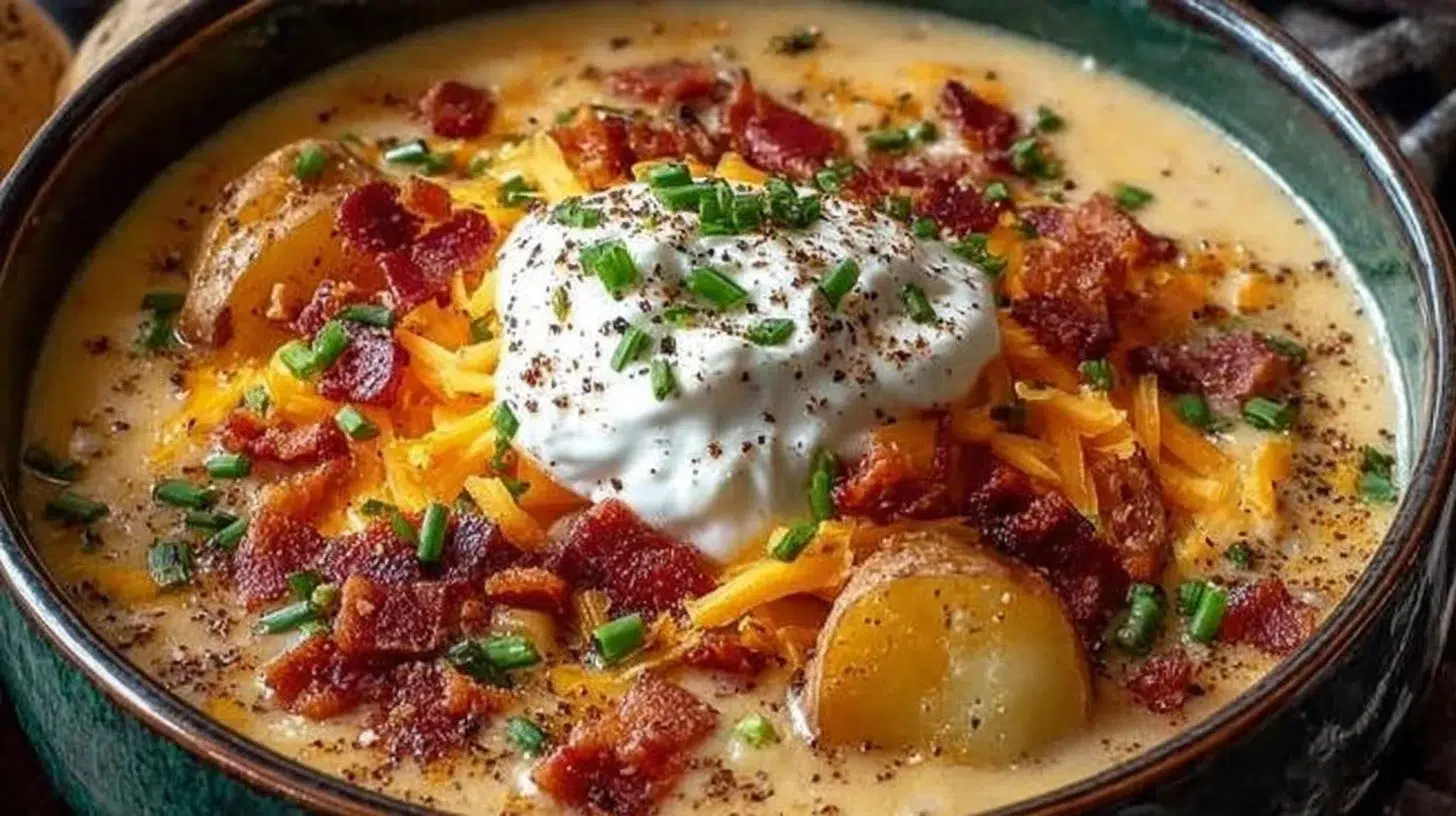Bowl of comforting loaded baked potato soup topped with cheese and green onions