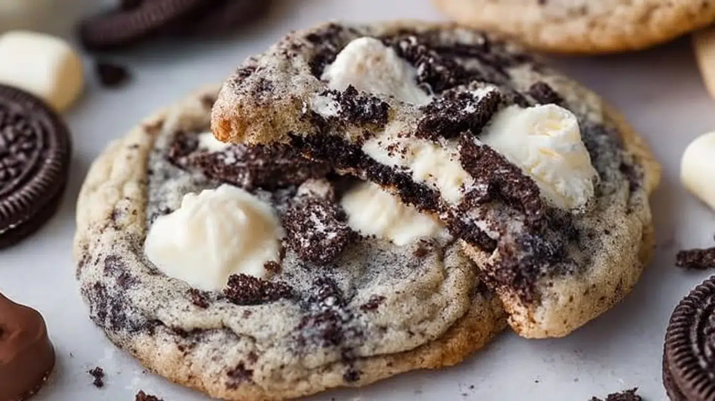 Delicious cookies and cream cookies on a plate with chocolate chips