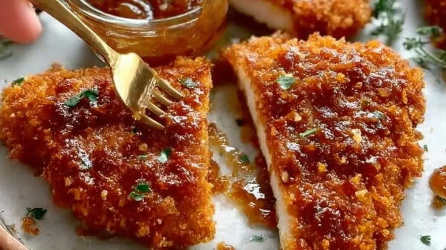 Plate of crispy Cornflake-Crusted Chicken served with sides.