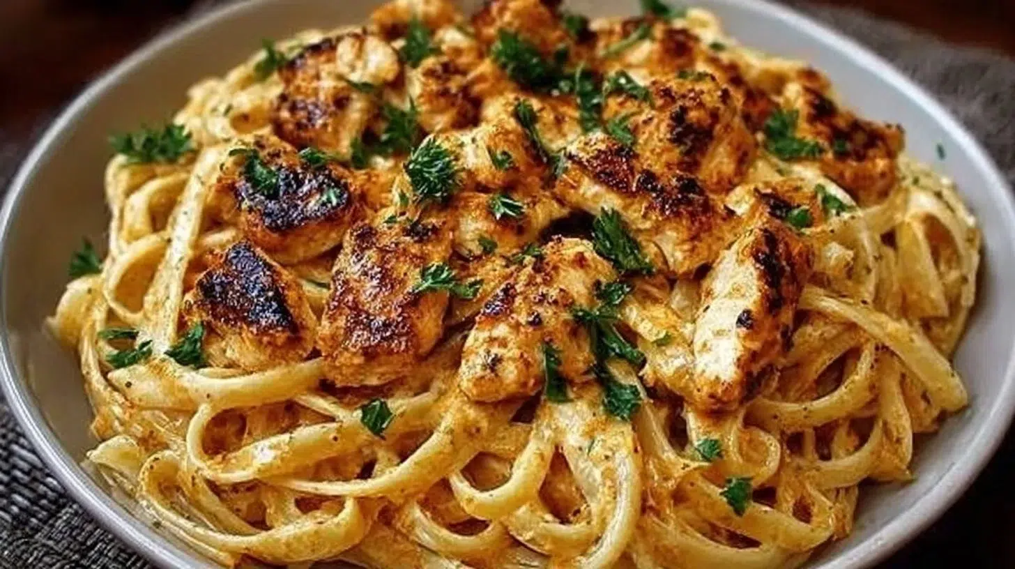 Delicious Cowboy Butter Chicken Linguine garnished with herbs