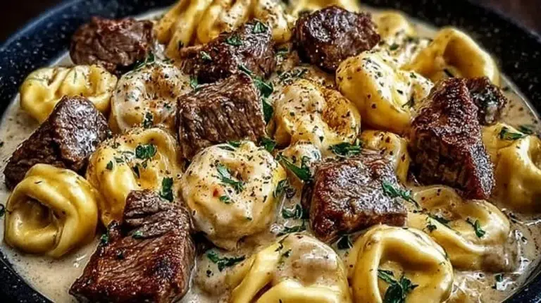 Cracked Garlic Steak Tortellini served in creamy sauce with garlic