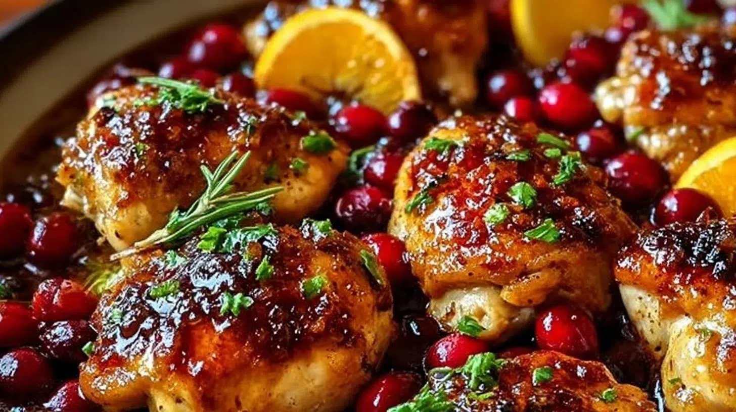Cranberry Orange Chicken with vibrant sauce and garnishes on a plate