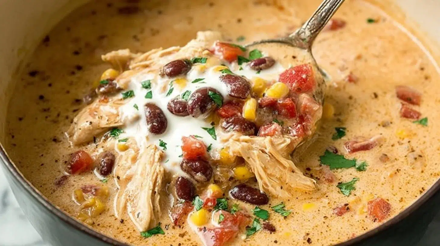 Bowl of creamy chicken taco soup garnished with cilantro and avocado