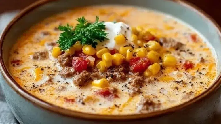 Bowl of creamy Cowboy Soup with vegetables and herbs