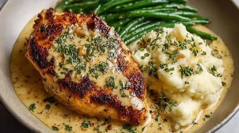 Creamy Garlic Parmesan Chicken Breast served with herbs and parmesan cheese
