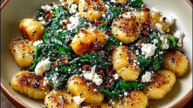 Creamy gnocchi with spinach and feta served in a bowl