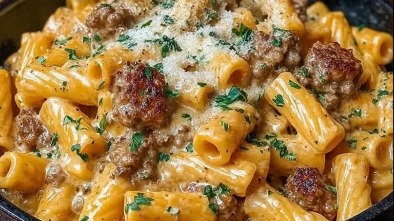 Creamy Italian sausage rigatoni served with herbs and grated cheese