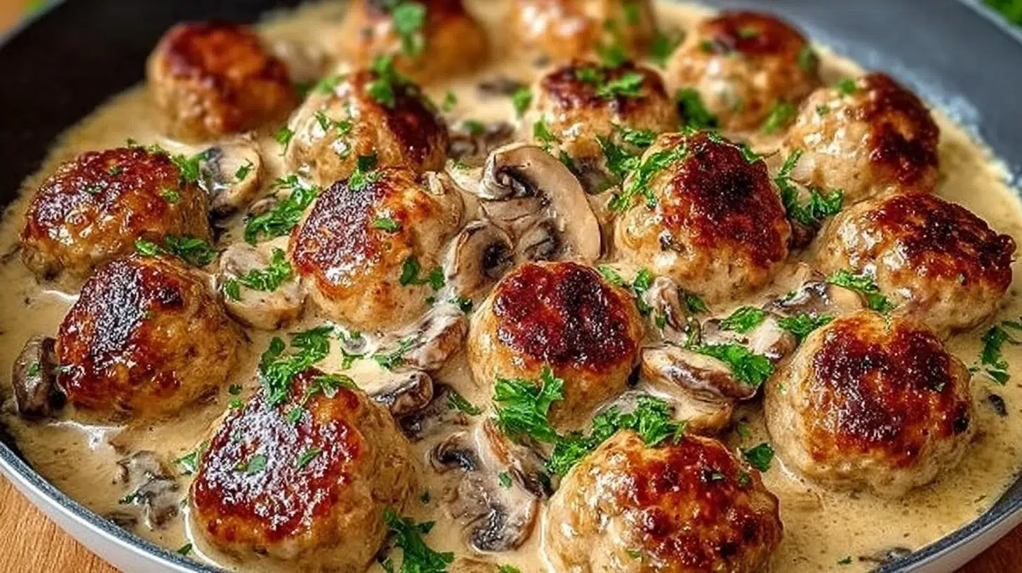 Creamy mushroom chicken meatballs served with a side of vegetables