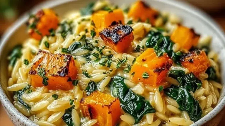 Creamy orzo dish with roasted butternut squash and fresh spinach