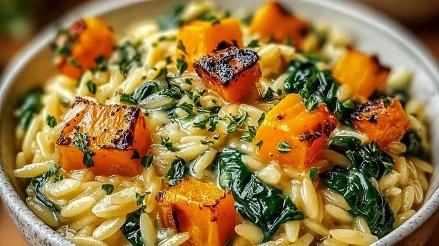 Creamy orzo dish with roasted butternut squash and fresh spinach