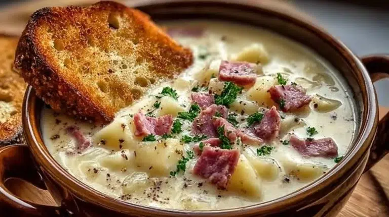 Bowl of creamy Reuben soup garnished with herbs and served with rye bread