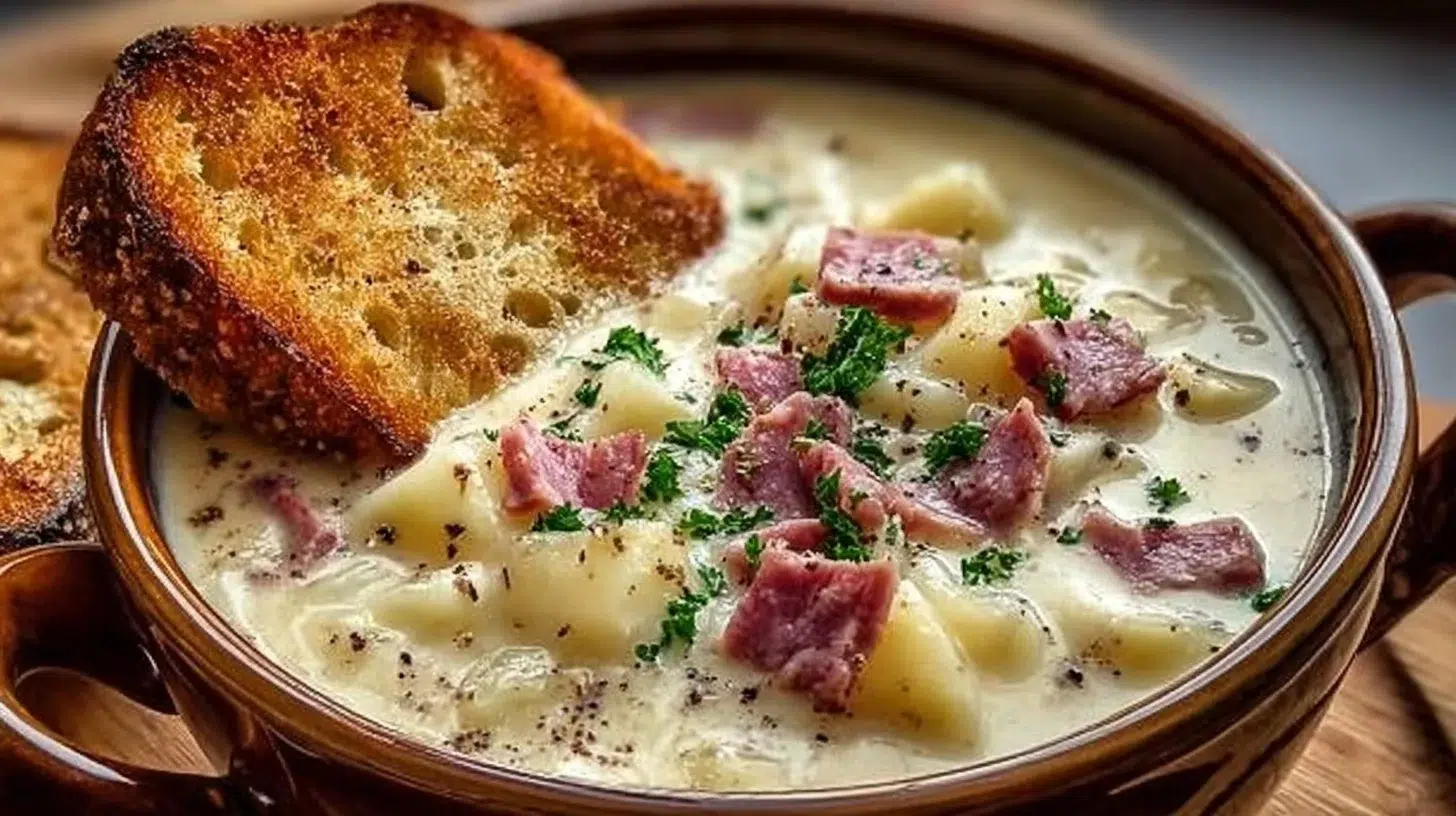 Bowl of creamy Reuben soup garnished with herbs and served with rye bread