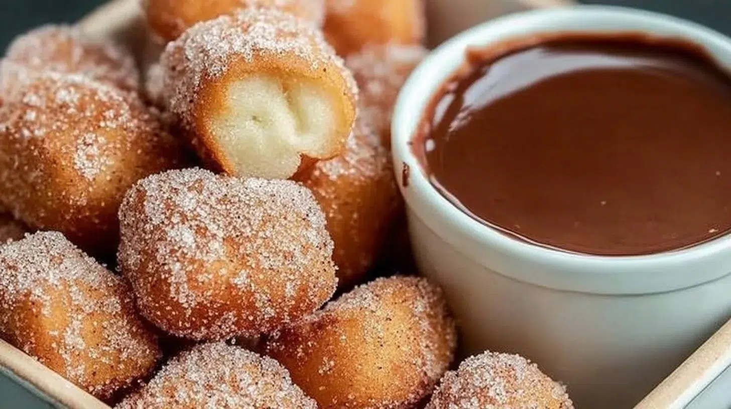 Crispy air fryer churro bites served with dipping sauce