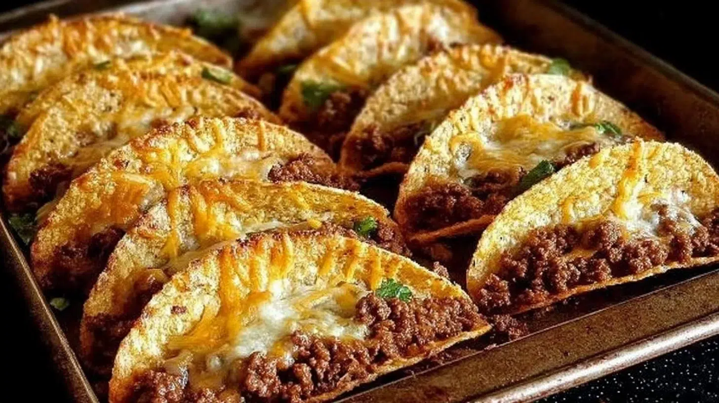 Plate of crispy beef tacos topped with fresh vegetables and salsa