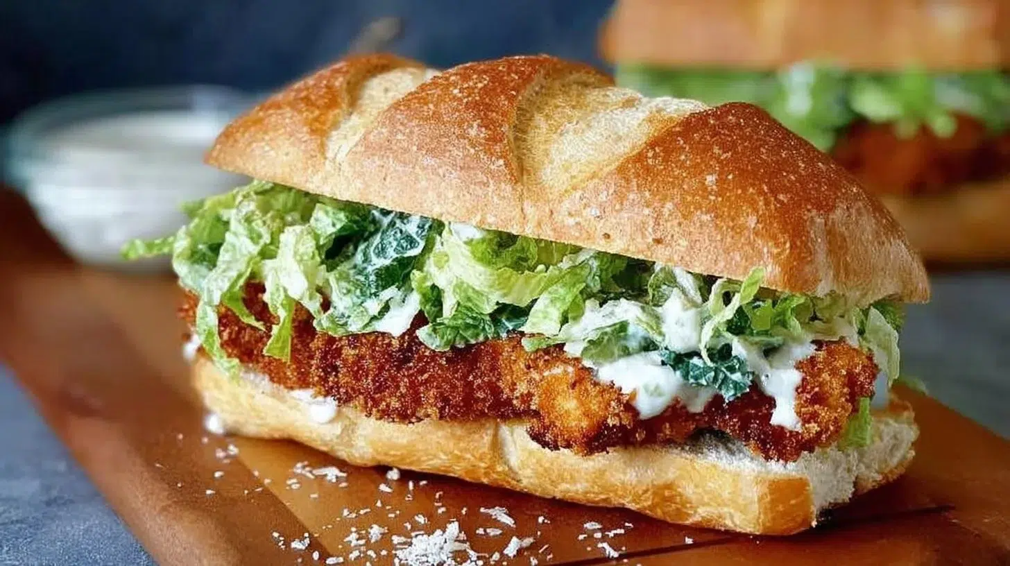 Crispy Chicken Caesar Sandwich with fresh lettuce and dressing on a toasted bun