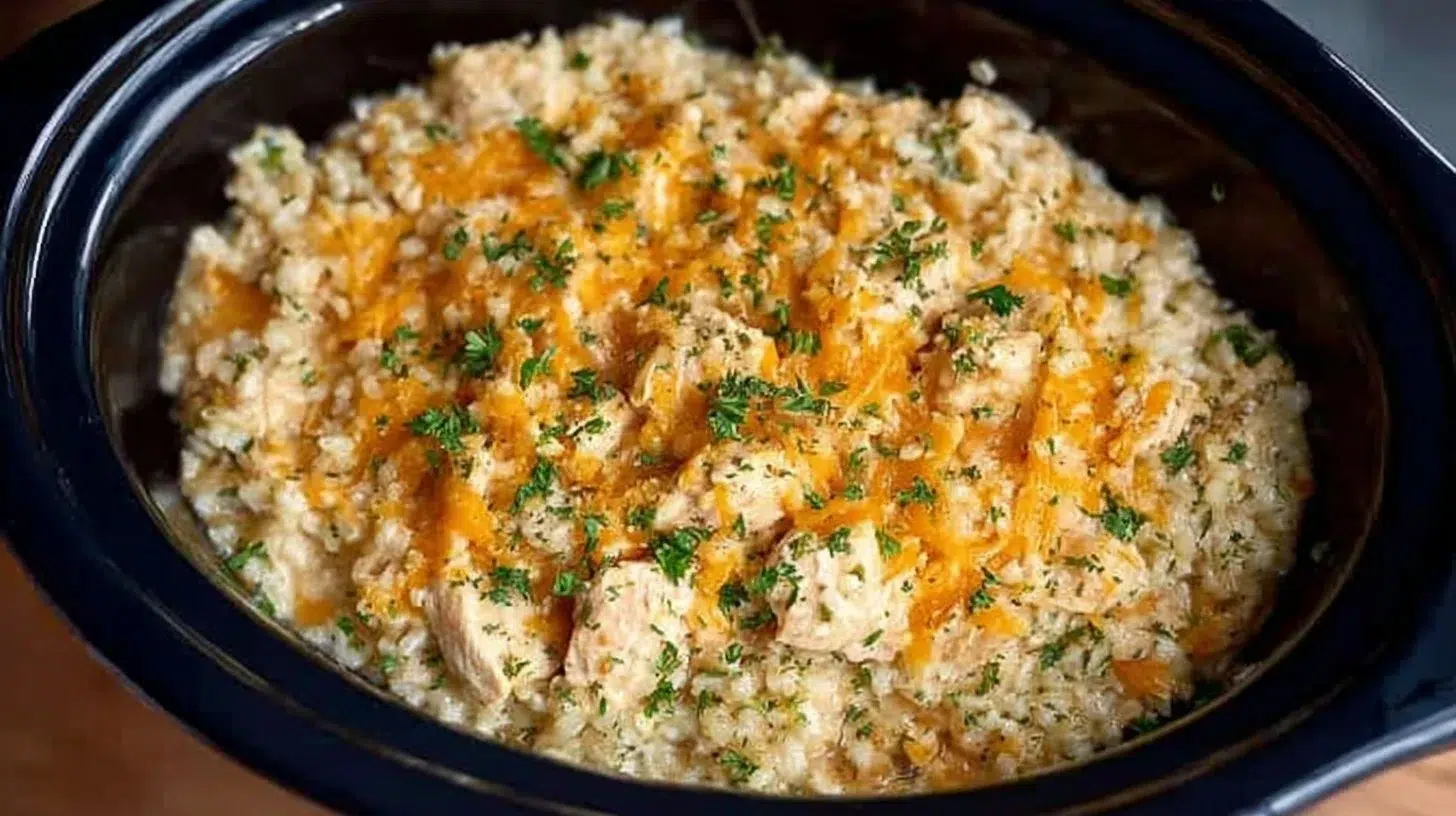 Delicious crock pot chicken and rice served in a bowl with herbs and spices