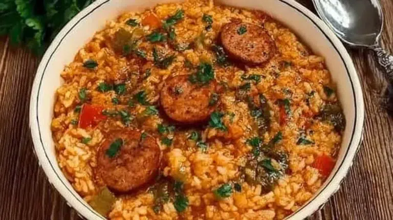 Delicious Crock Pot Jambalaya with shrimp, sausage, and rice in a savory sauce