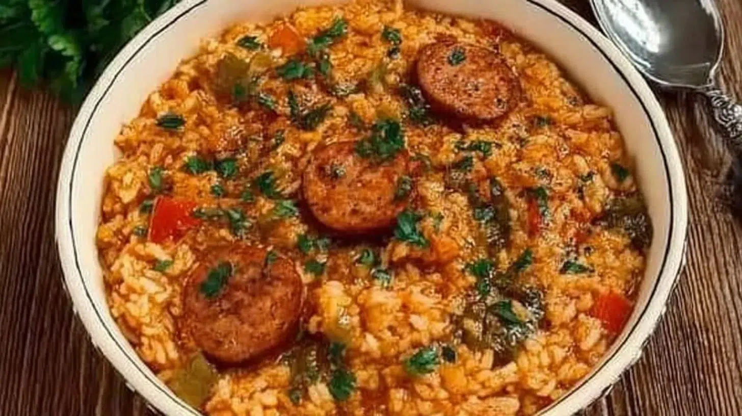 Delicious Crock Pot Jambalaya with shrimp, sausage, and rice in a savory sauce