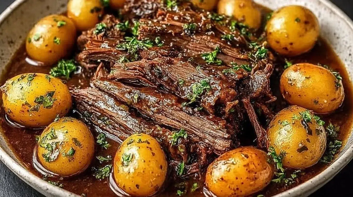 Delicious crock pot pot roast meal served with vegetables and herbs.