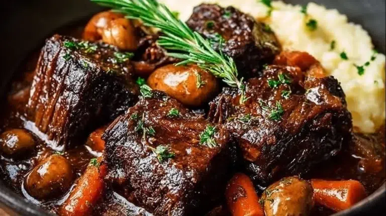 Crockpot beef short ribs served on a plate with garnishes