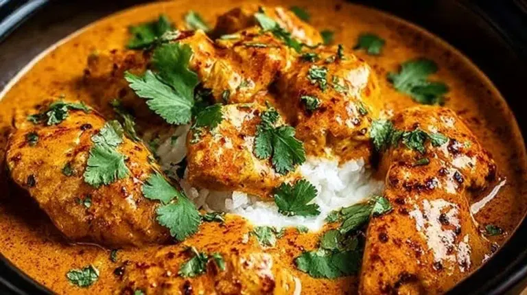 Delicious crockpot butter chicken served with rice and herbs