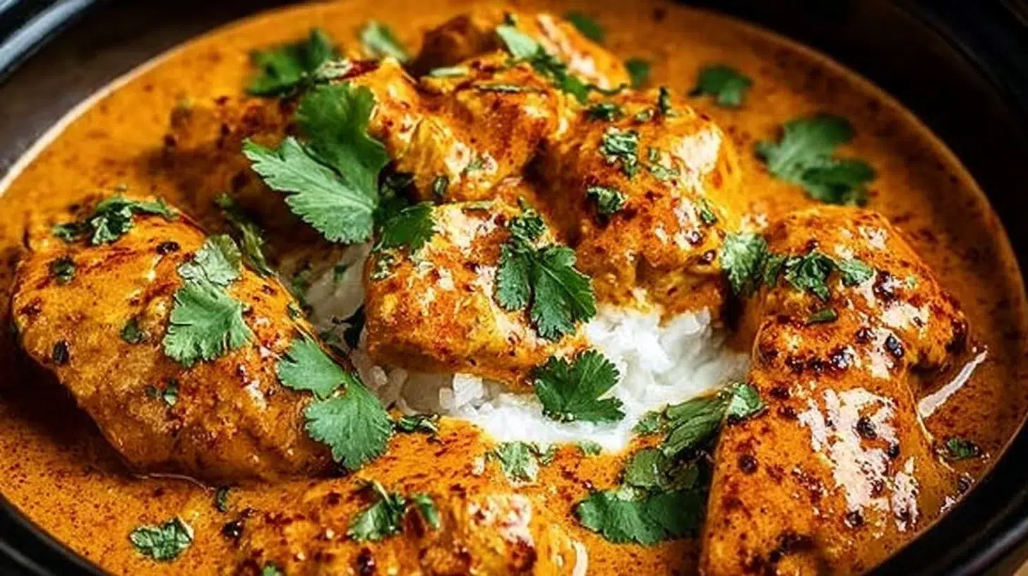 Delicious crockpot butter chicken served with rice and herbs