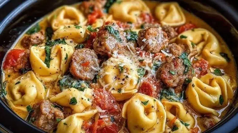 Crockpot Cheese Tortellini with Sausage served in a bowl