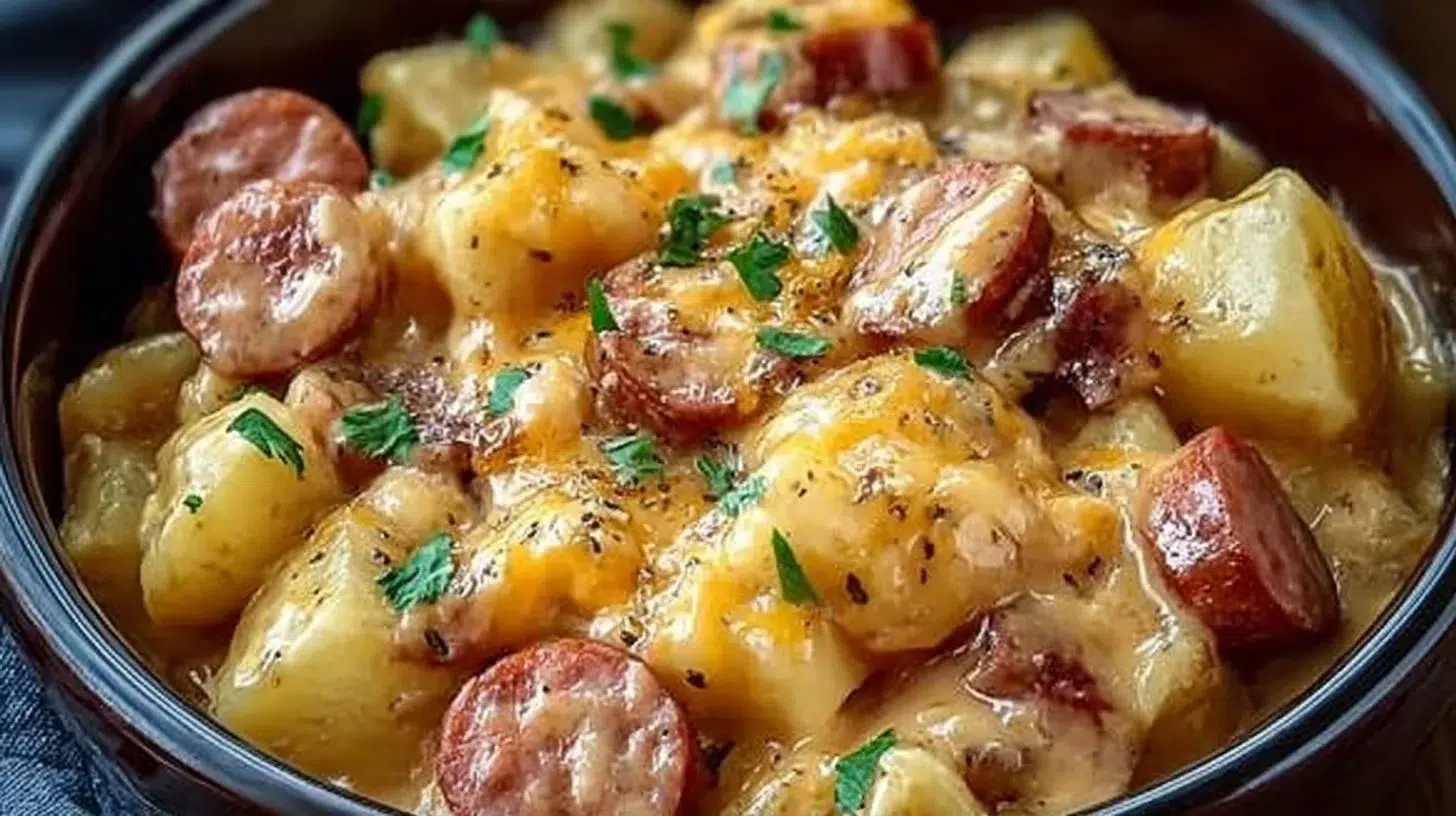 A delicious serving of crockpot cheesy potatoes with kielbasa.