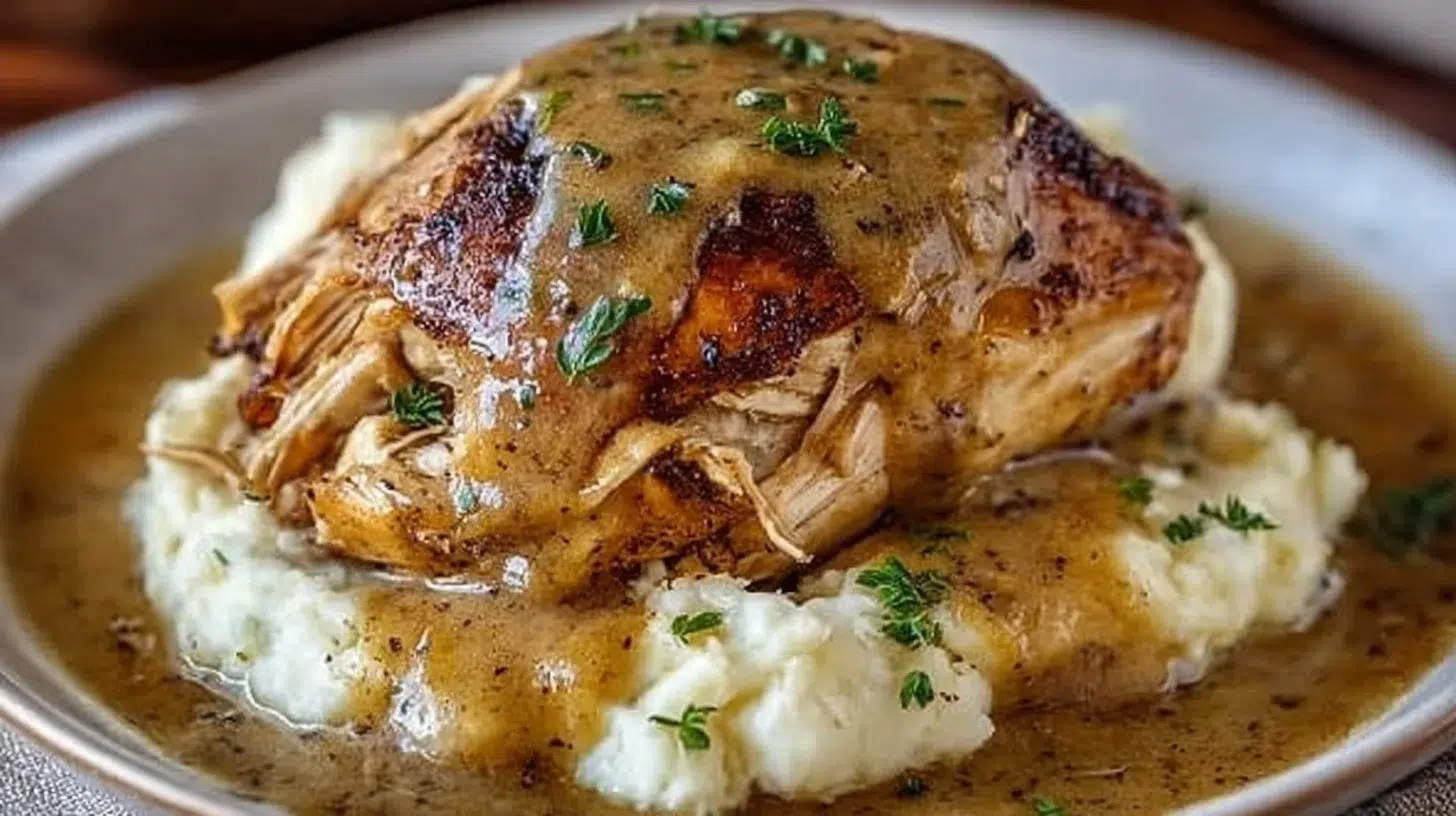 Crockpot chicken and gravy served on a plate with mashed potatoes