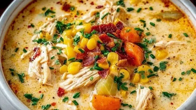Bowl of creamy crockpot chicken corn chowder garnished with herbs