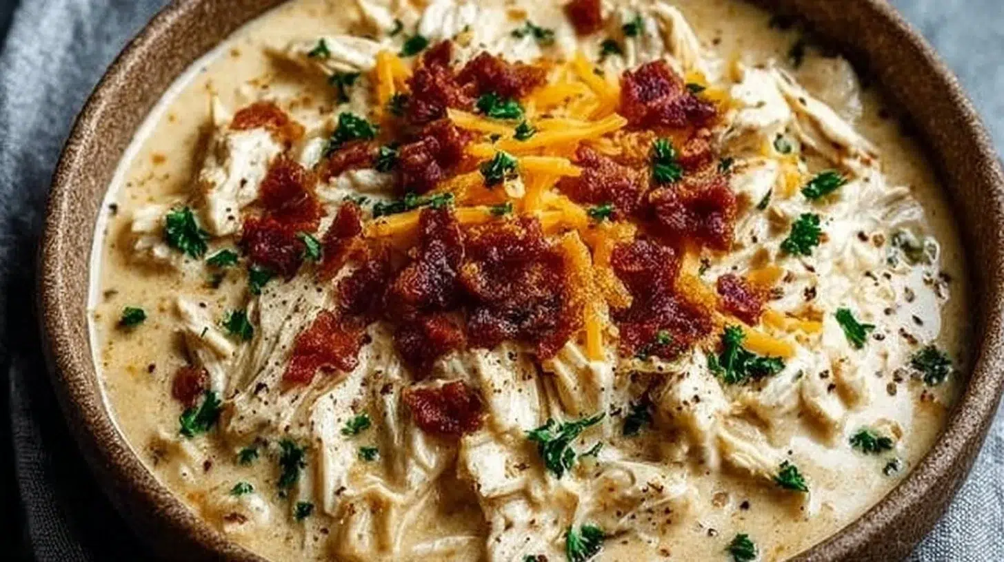 Bowl of creamy Crockpot Crack Chicken garnished with herbs.