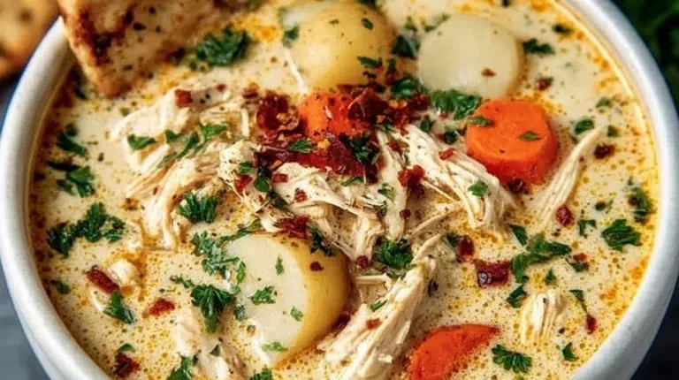 Crockpot creamy chicken and potato soup served in a bowl with herbs.