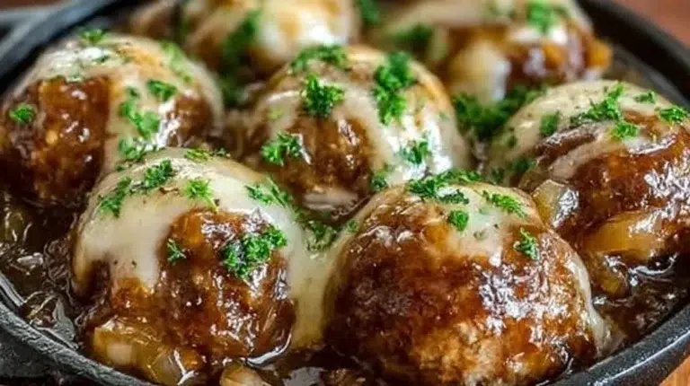Delicious Crockpot French Onion Meatballs garnished with melted cheese