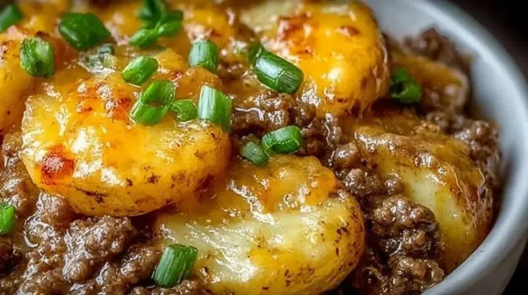 Delicious Crockpot Hamburger Potato Casserole served hot in a dish