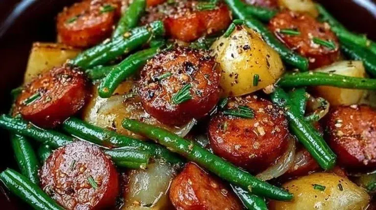 Crockpot Kielbasa with Green Beans served in a bowl