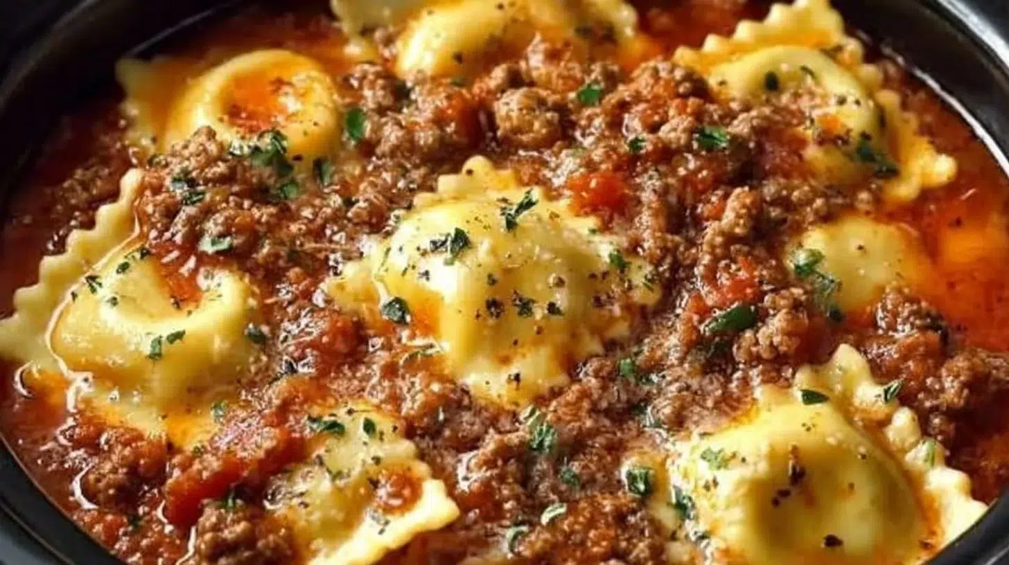 Delicious crockpot ravioli lasagna served in a stylish dish.