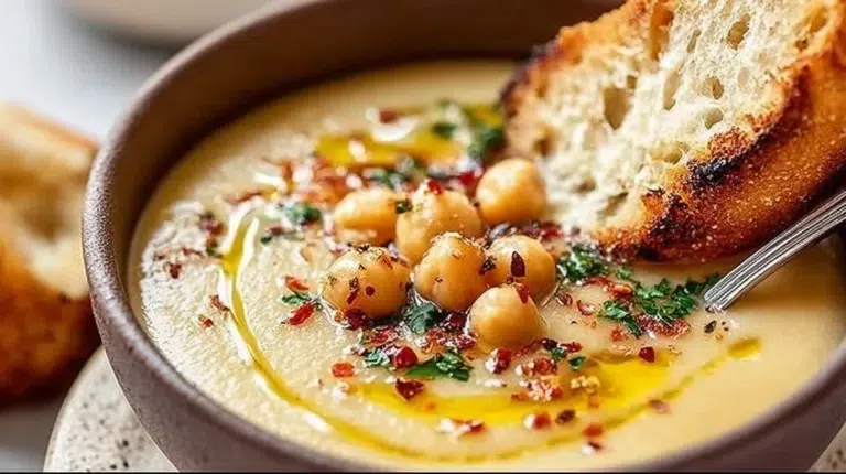 Bowl of delicious garlic chickpea soup garnished with herbs
