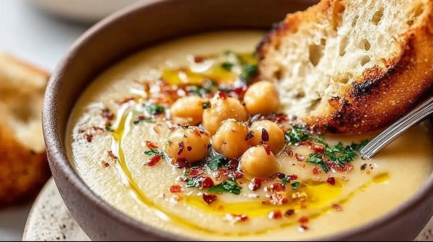 Bowl of delicious garlic chickpea soup garnished with herbs