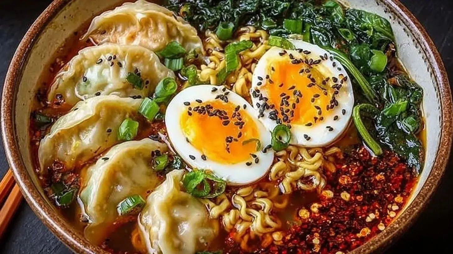 Delicious Dumpling Ramen Bowl with tender dumplings and savory broth