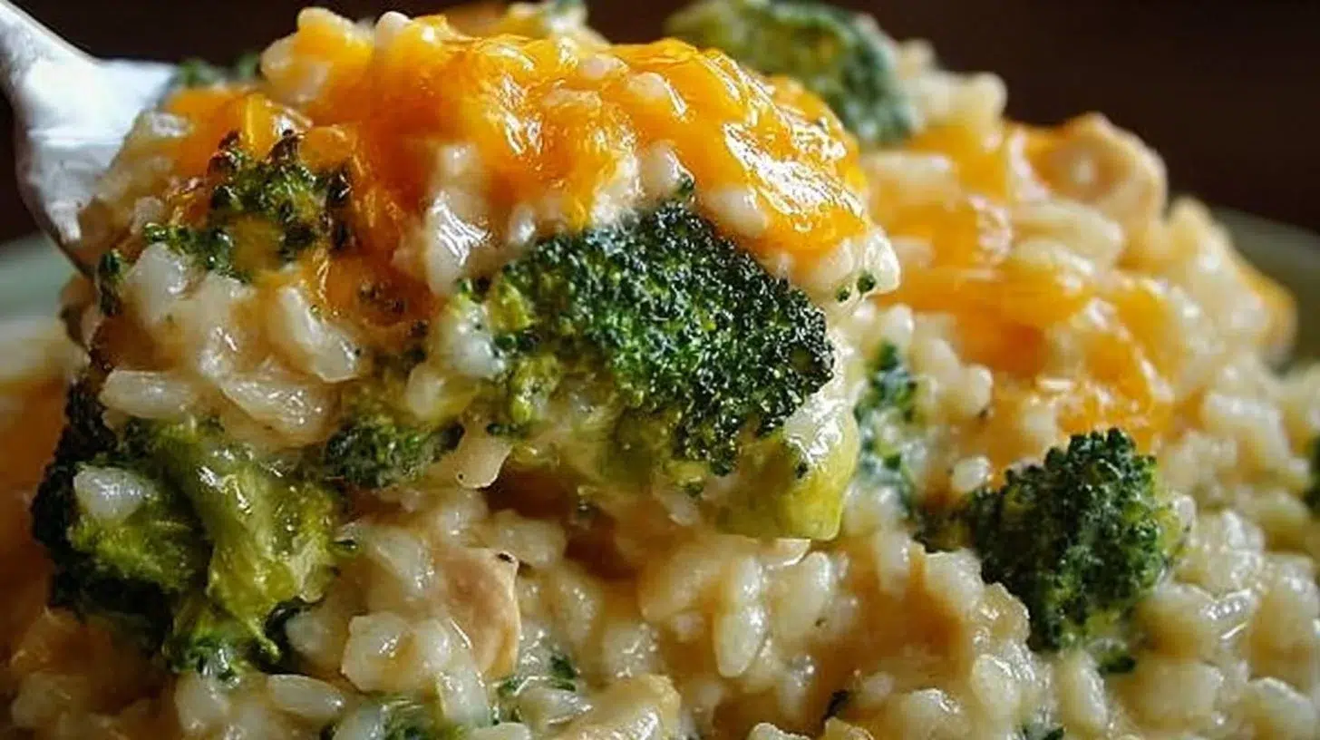 Delicious crockpot cheesy chicken with broccoli and rice served in a bowl.