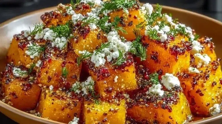 Bowl of easy roasted butternut squash with honey drizzle and feta cheese on top.