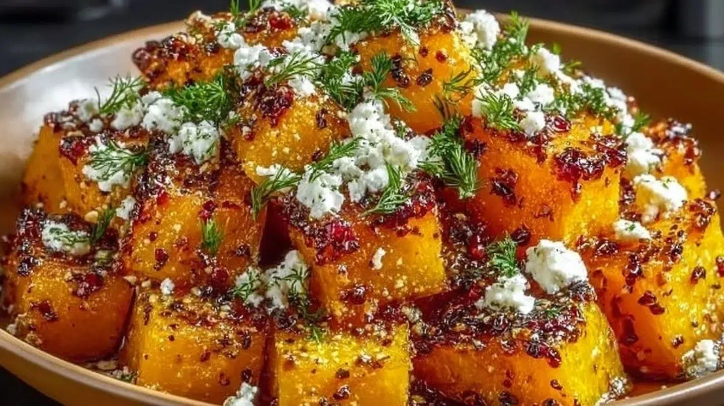 Bowl of easy roasted butternut squash with honey drizzle and feta cheese on top.