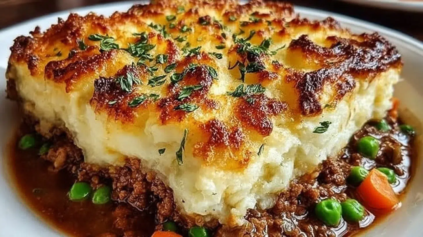Delicious easy Shepherd's Pie casserole served in a baking dish