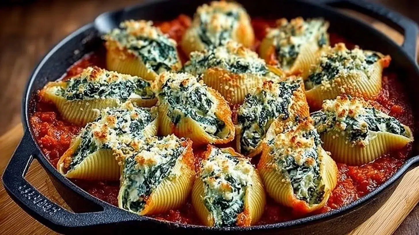 Easy spinach and ricotta stuffed shells served on a plate with tomato sauce