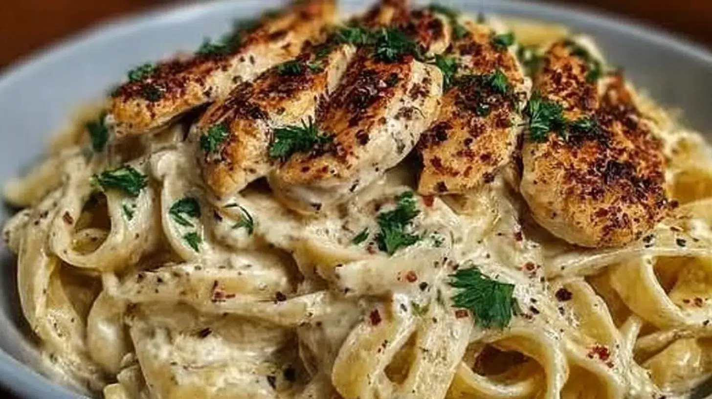 Bowl of creamy Cajun Chicken Pasta with spices and herbs