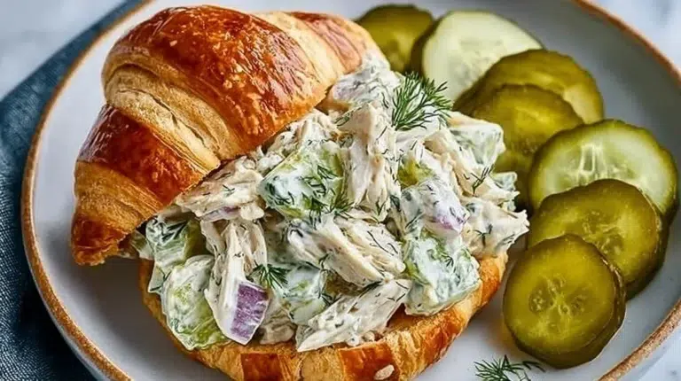 Delicious Dill Pickle Chicken Salad served in a bowl with fresh ingredients
