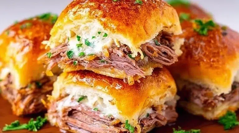 Delicious French Dip Sliders with beef and melted cheese served with dipping sauce