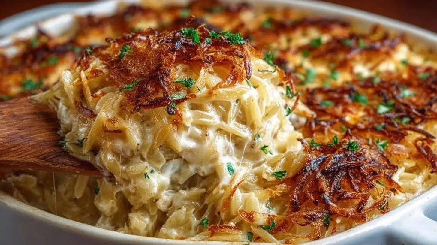 Delicious French Onion Chicken Orzo Casserole fresh out of the oven